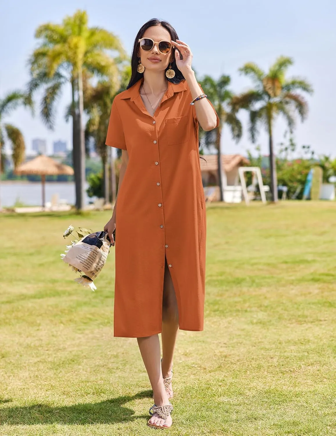 HOTOUCH Womens Dress Summer Casual Midi Short Sleeve Button Down Shirt Dress Loose Beach Cover Up Dress with Pockets