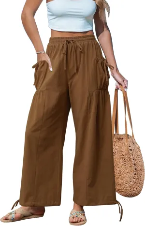HVT Women's Boho Pants Casual Loose Summer Wide Leg Drawstring High Waist Palazzo Trousers Beach Pants with Pockets