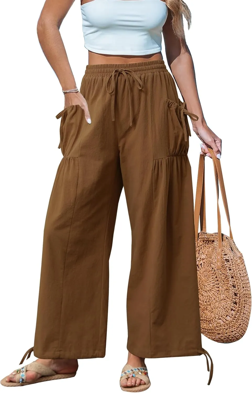 HVT Women's Boho Pants Casual Loose Summer Wide Leg Drawstring High Waist Palazzo Trousers Beach Pants with Pockets