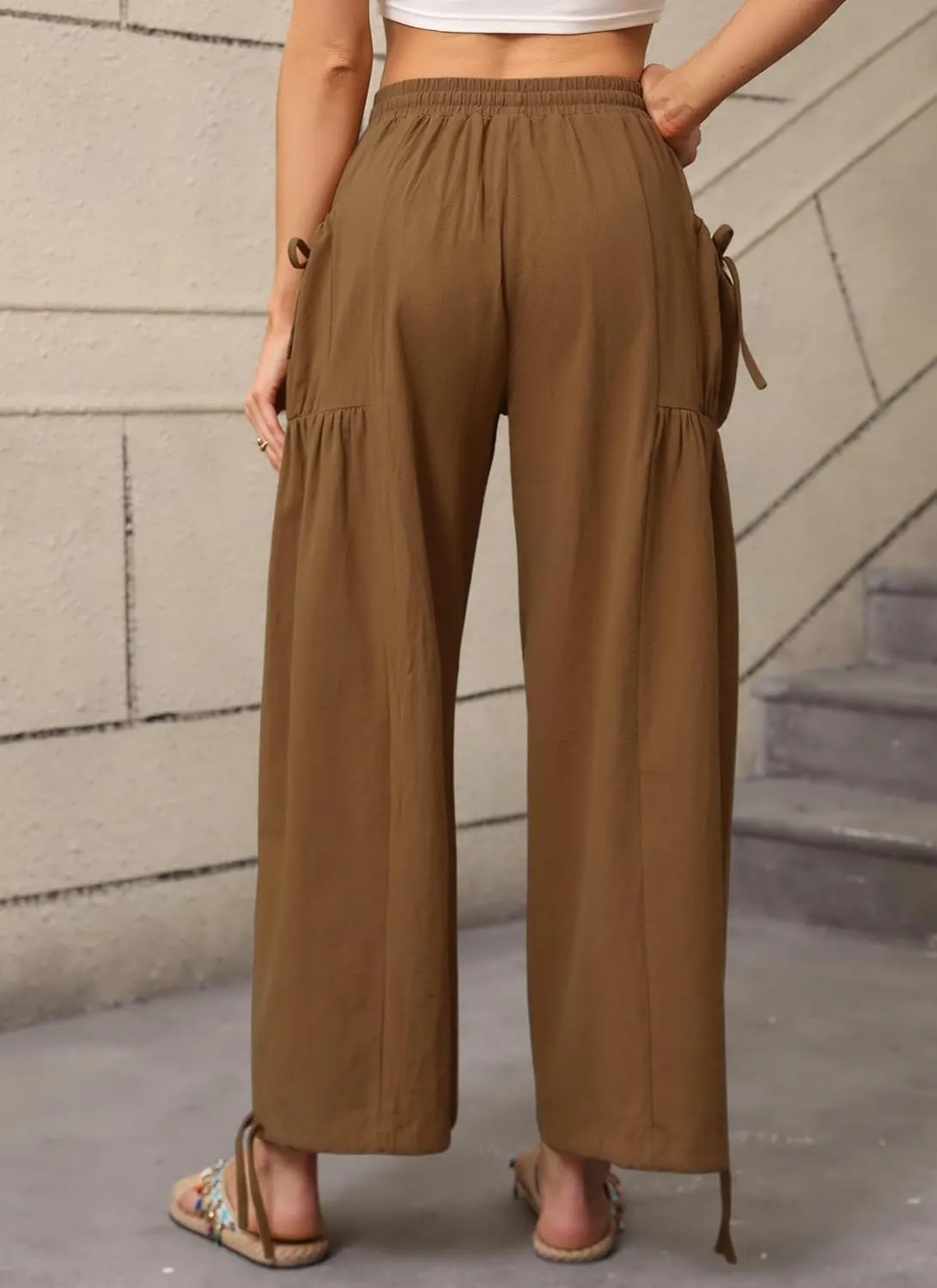 HVT Women's Boho Pants Casual Loose Summer Wide Leg Drawstring High Waist Palazzo Trousers Beach Pants with Pockets