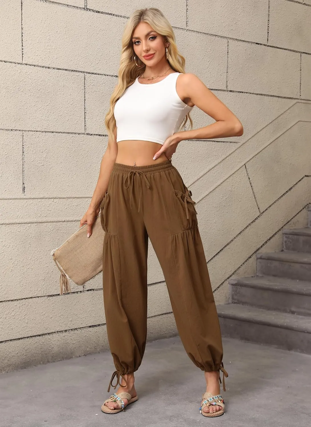 HVT Women's Boho Pants Casual Loose Summer Wide Leg Drawstring High Waist Palazzo Trousers Beach Pants with Pockets