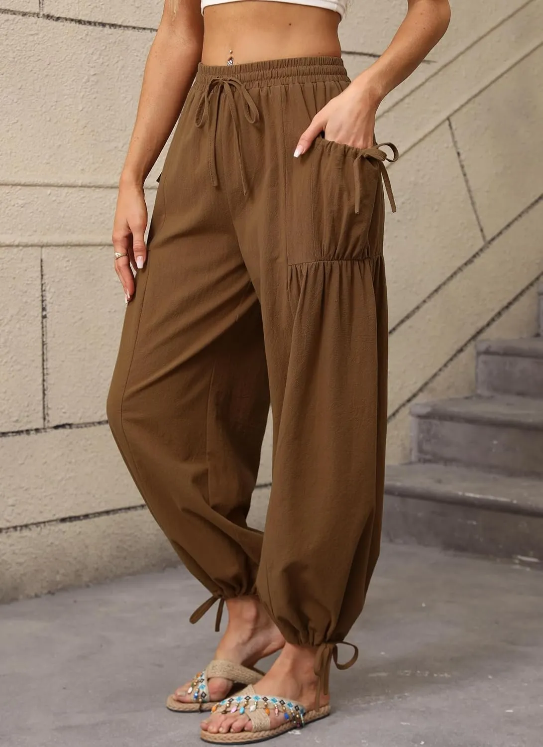 HVT Women's Boho Pants Casual Loose Summer Wide Leg Drawstring High Waist Palazzo Trousers Beach Pants with Pockets
