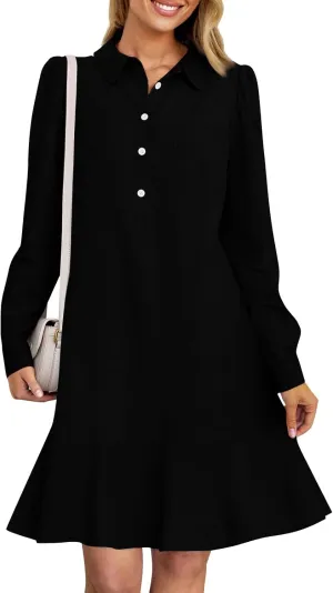 HXHYQKP Shirt Dresses for Women Long Sleeve Button Down Shirt Dress Ruffle Flowy Casual Tunic Shift Mini Dresses