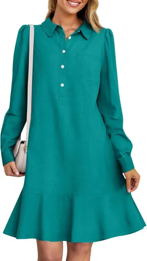 HXHYQKP Shirt Dresses for Women Long Sleeve Button Down Shirt Dress Ruffle Flowy Casual Tunic Shift Mini Dresses