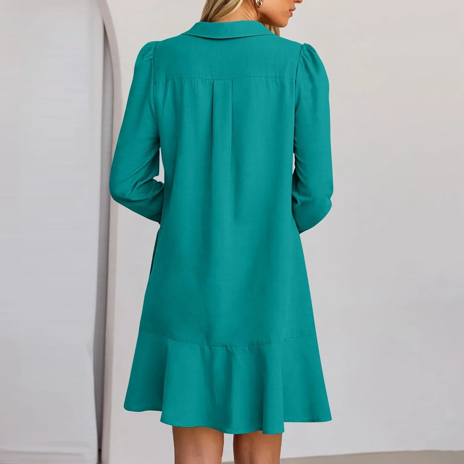 HXHYQKP Shirt Dresses for Women Long Sleeve Button Down Shirt Dress Ruffle Flowy Casual Tunic Shift Mini Dresses