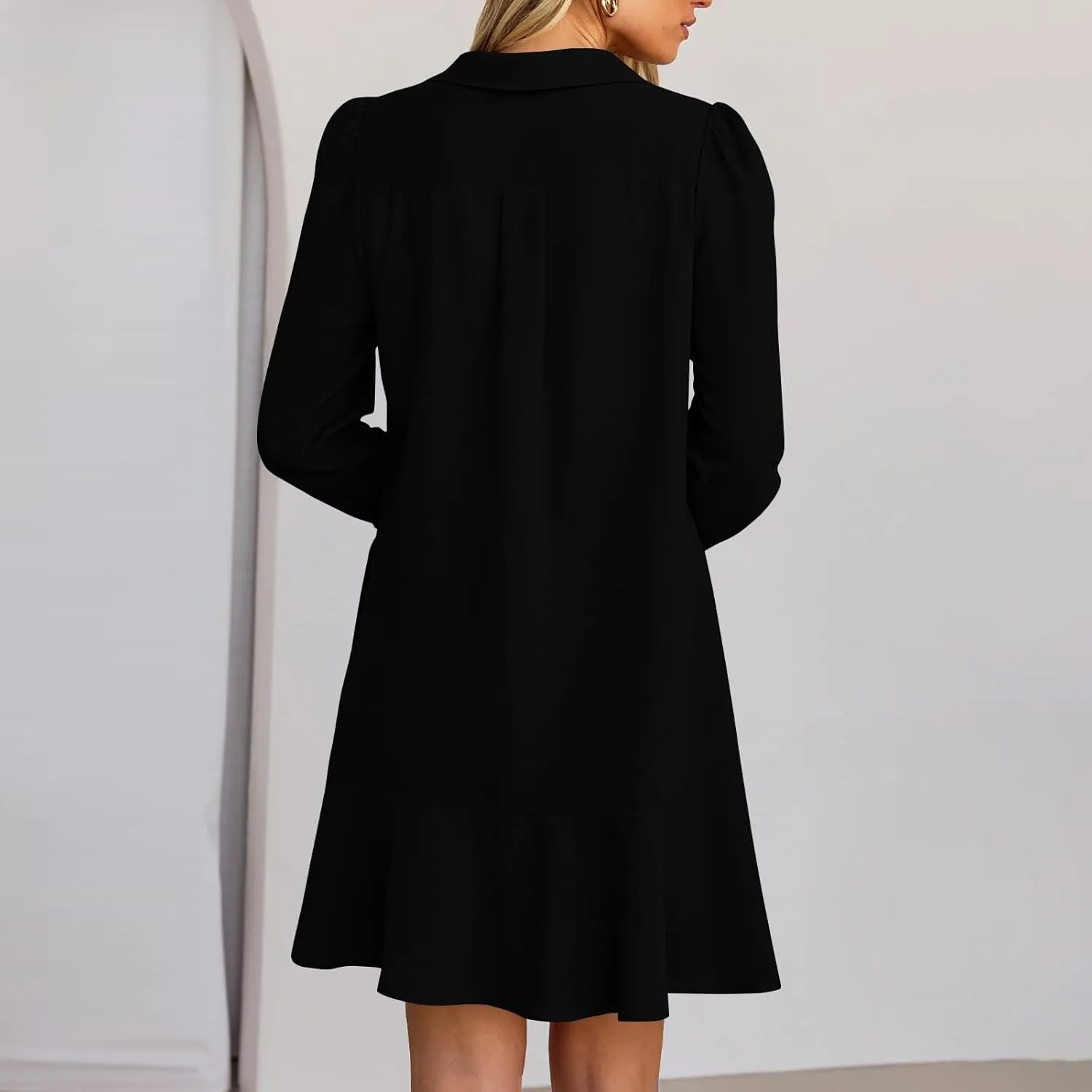 HXHYQKP Shirt Dresses for Women Long Sleeve Button Down Shirt Dress Ruffle Flowy Casual Tunic Shift Mini Dresses