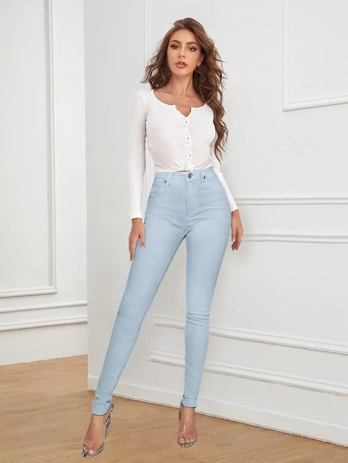 Hybrid & Company Womens Classic Denim Mid Rise Skinny Jeans Super Stretch Pants