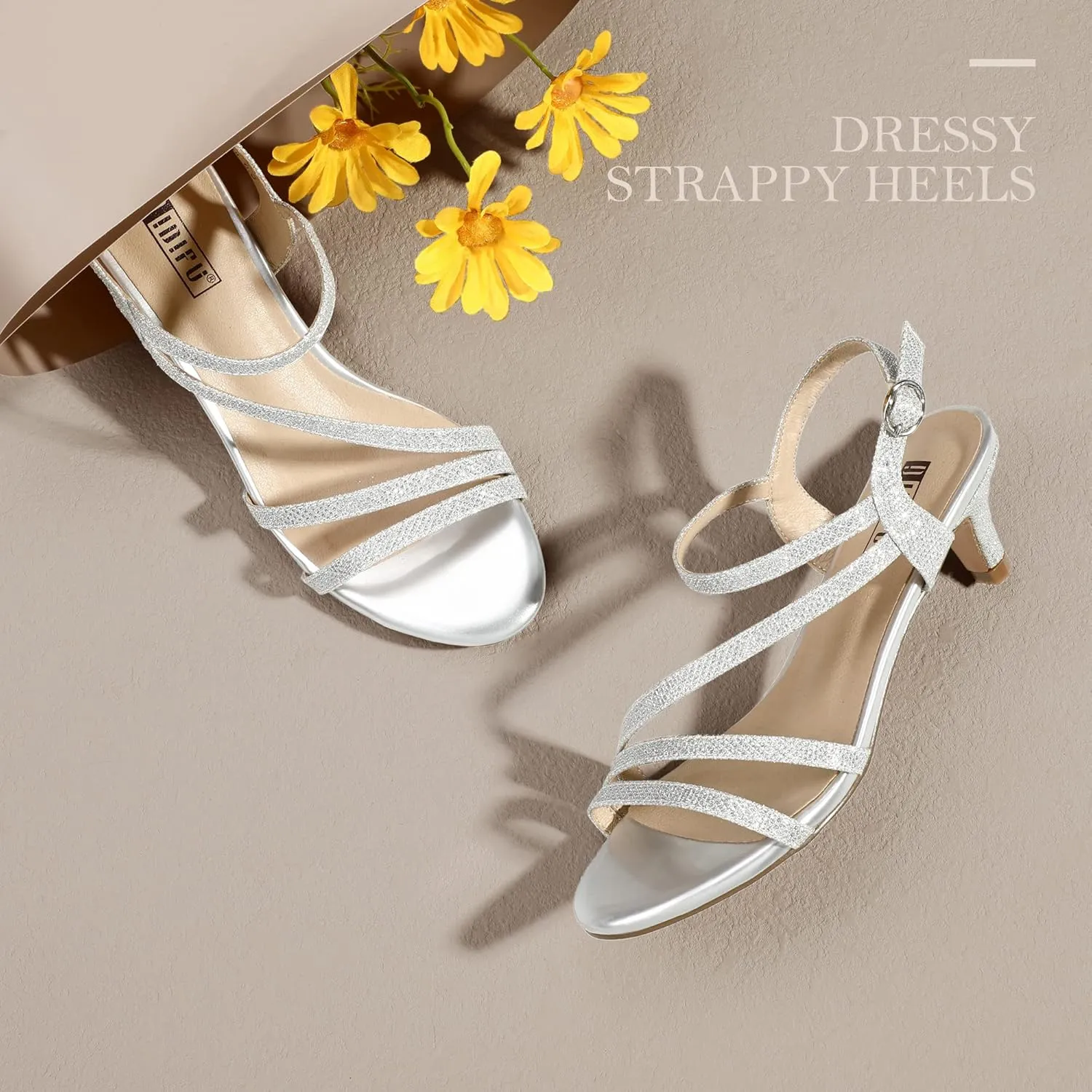 IDIFU Women's Dressy Strappy 2 Inch Low Kitten Heel Open Toe Sandals Dress Shoes for Woman Lady in Bridal Dance Evening