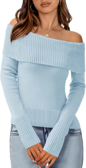 Imily Bela Womens Off The Shoulder Sweaters Casual Long Sleeve Ribbed Knit Slim Fit Y2K Going Out Pullover Tops