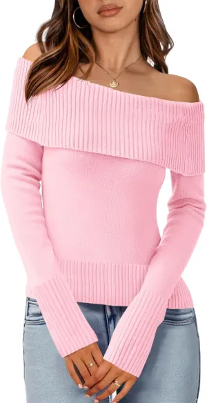 Imily Bela Womens Off The Shoulder Sweaters Casual Long Sleeve Ribbed Knit Slim Fit Y2K Going Out Pullover Tops