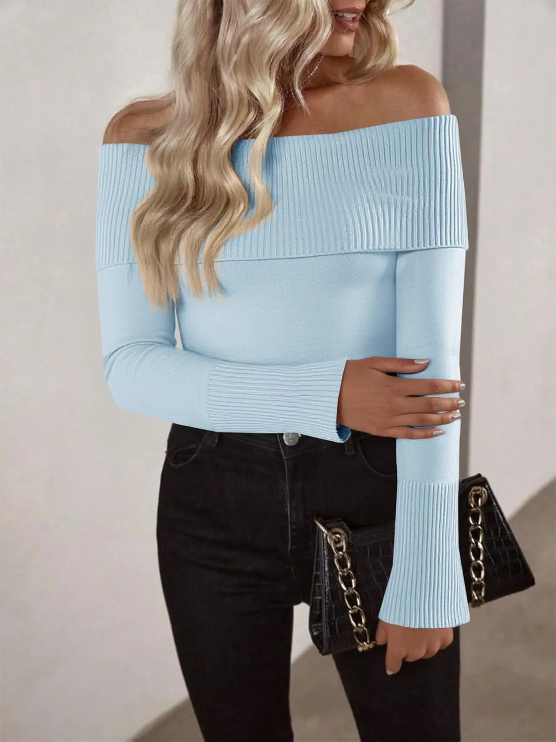 Imily Bela Womens Off The Shoulder Sweaters Casual Long Sleeve Ribbed Knit Slim Fit Y2K Going Out Pullover Tops