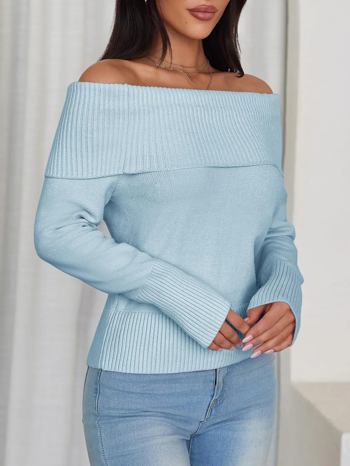 Imily Bela Womens Off The Shoulder Sweaters Casual Long Sleeve Ribbed Knit Slim Fit Y2K Going Out Pullover Tops