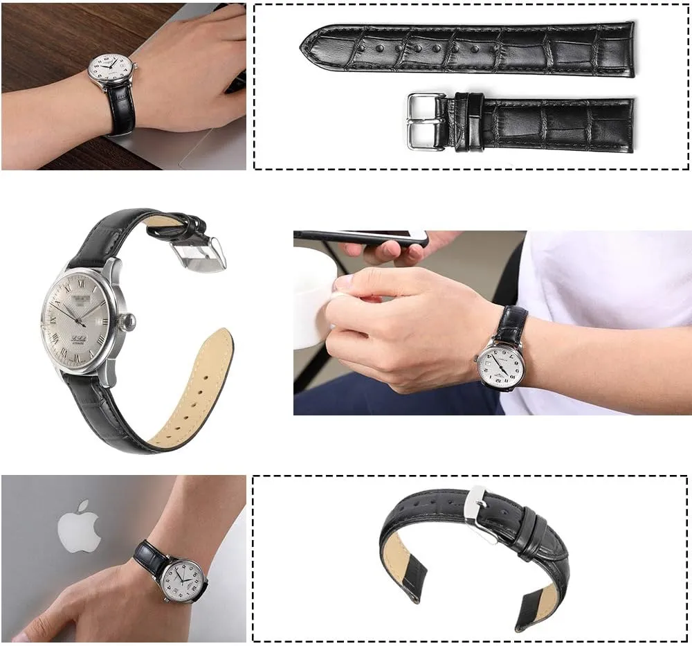 iStrap Leather Watch band Alligator Grain Calfskin Replacement Strap Stainless Steel Buckle Bracelet for Men Women-18mm 19mm 20mm 21mm 22mm 24mm-Black Brown