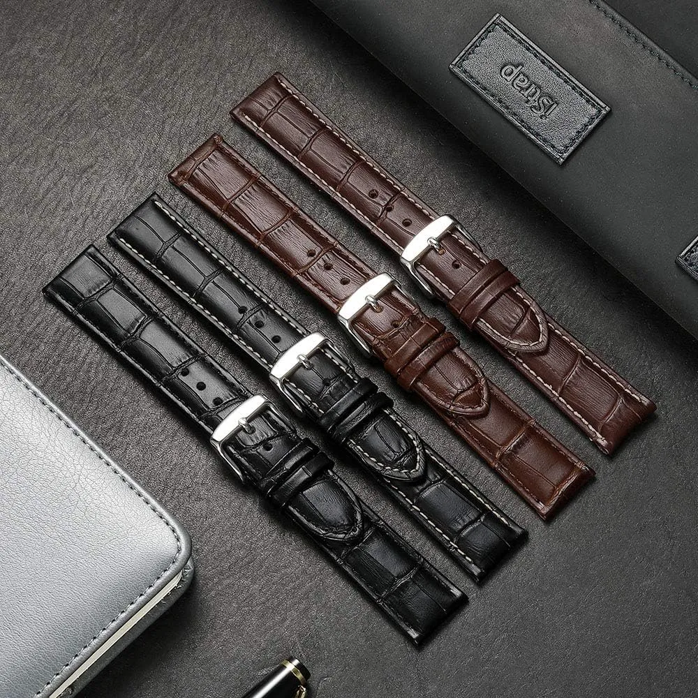 iStrap Leather Watch band Alligator Grain Calfskin Replacement Strap Stainless Steel Buckle Bracelet for Men Women-18mm 19mm 20mm 21mm 22mm 24mm-Black Brown