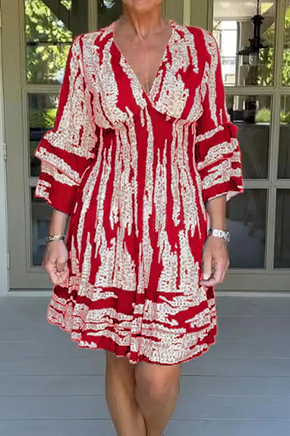 IVERIRMIN Women's Tribal Print 3/4 Ruffle Sleeves Layered Short Dress Sexy Deep V Neck Smocked Waist Mini Dresses
