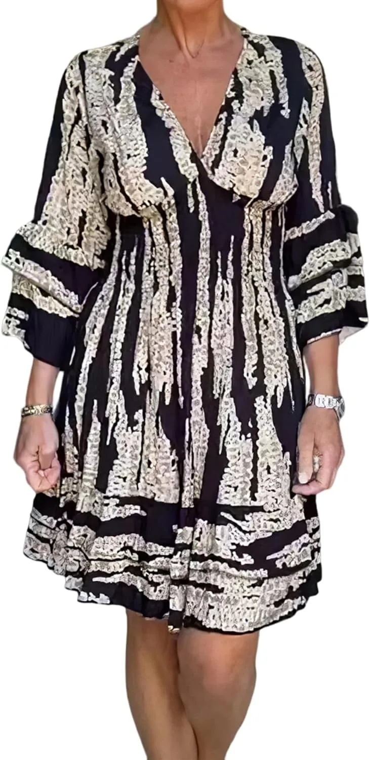IVERIRMIN Women's Tribal Print 3/4 Ruffle Sleeves Layered Short Dress Sexy Deep V Neck Smocked Waist Mini Dresses