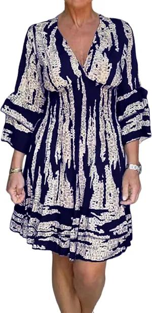 IVERIRMIN Women's Tribal Print 3/4 Ruffle Sleeves Layered Short Dress Sexy Deep V Neck Smocked Waist Mini Dresses