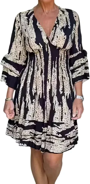 IVERIRMIN Women's Tribal Print 3/4 Ruffle Sleeves Layered Short Dress Sexy Deep V Neck Smocked Waist Mini Dresses