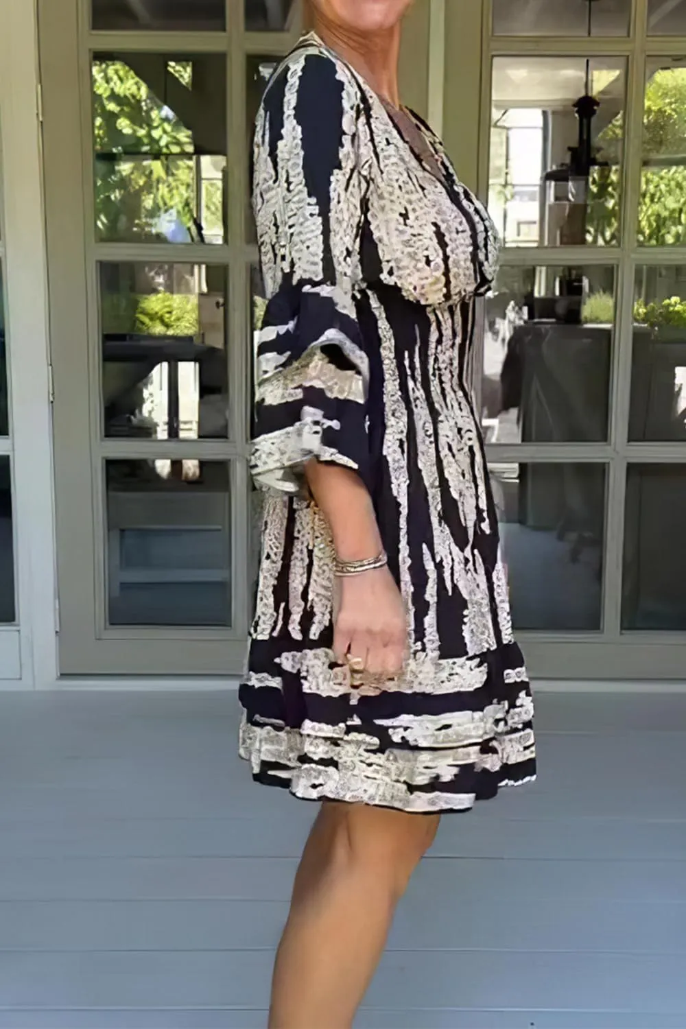 IVERIRMIN Women's Tribal Print 3/4 Ruffle Sleeves Layered Short Dress Sexy Deep V Neck Smocked Waist Mini Dresses