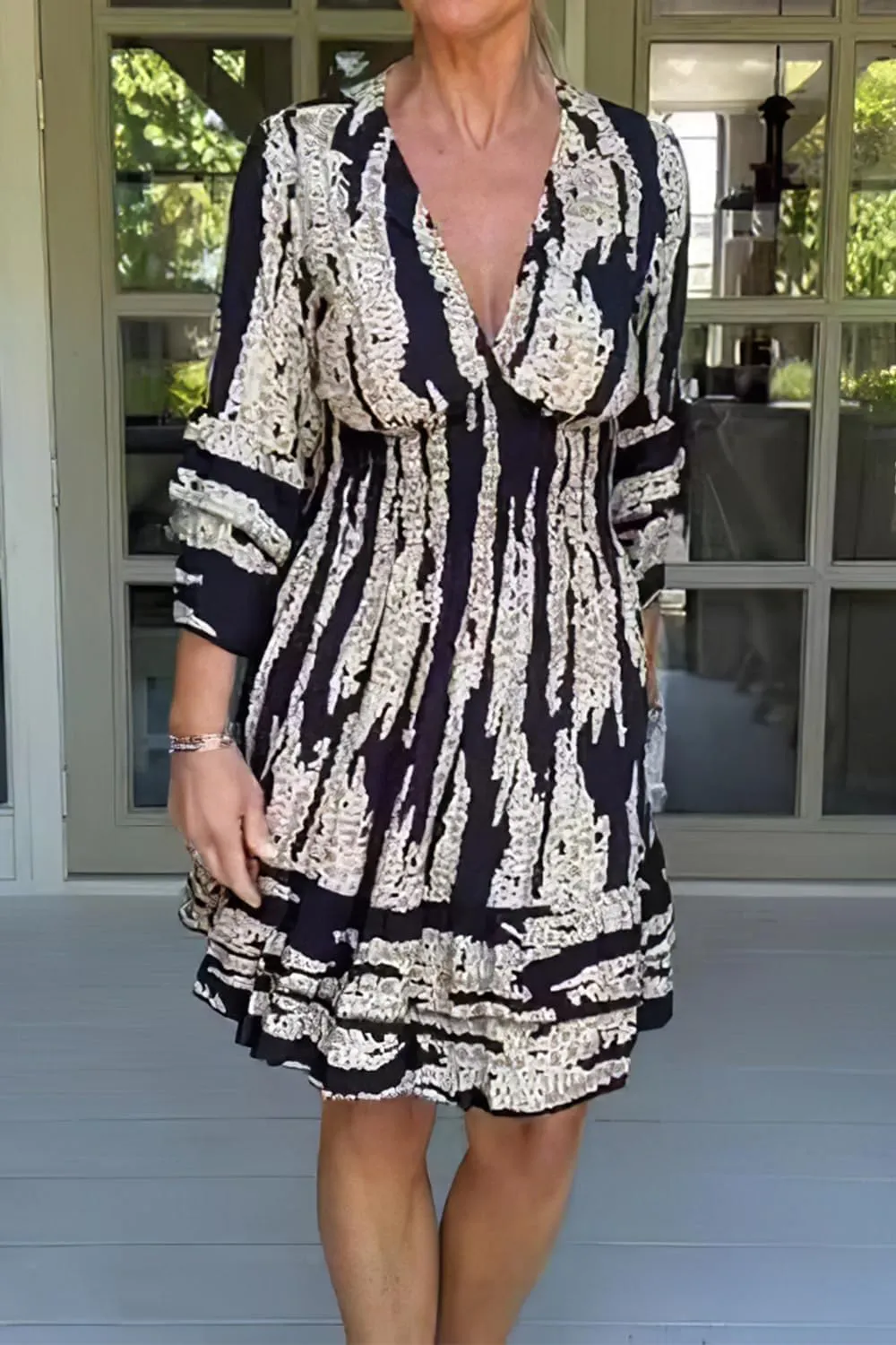 IVERIRMIN Women's Tribal Print 3/4 Ruffle Sleeves Layered Short Dress Sexy Deep V Neck Smocked Waist Mini Dresses