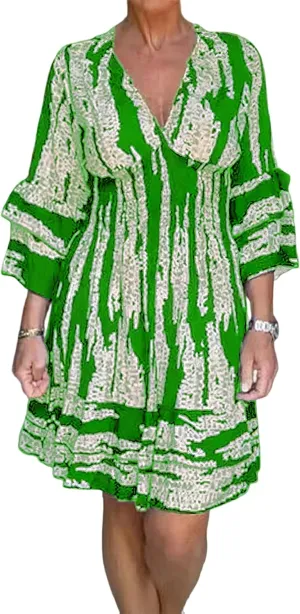 IVERIRMIN Women's Tribal Print 3/4 Ruffle Sleeves Layered Short Dress Sexy Deep V Neck Smocked Waist Mini Dresses