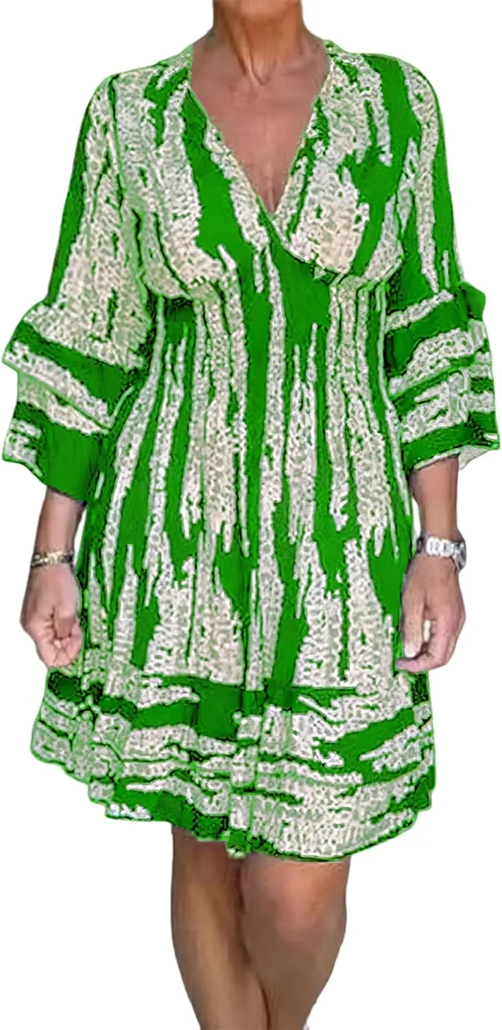 IVERIRMIN Women's Tribal Print 3/4 Ruffle Sleeves Layered Short Dress Sexy Deep V Neck Smocked Waist Mini Dresses