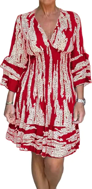 IVERIRMIN Women's Tribal Print 3/4 Ruffle Sleeves Layered Short Dress Sexy Deep V Neck Smocked Waist Mini Dresses
