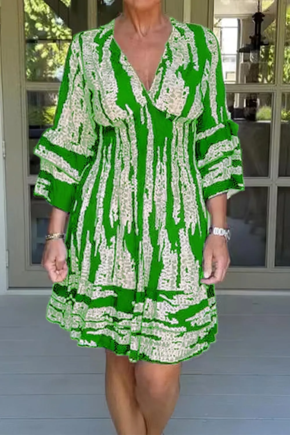 IVERIRMIN Women's Tribal Print 3/4 Ruffle Sleeves Layered Short Dress Sexy Deep V Neck Smocked Waist Mini Dresses