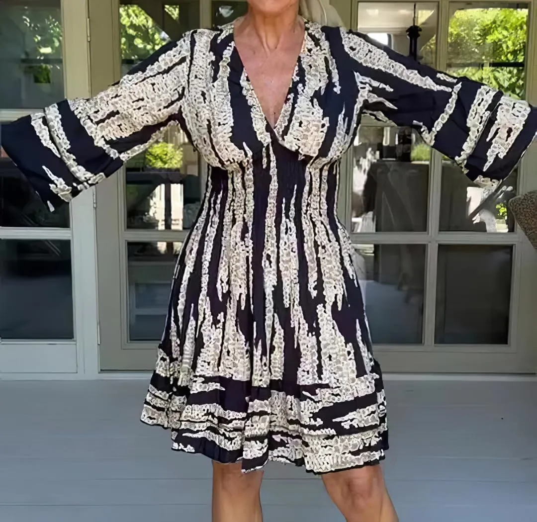 IVERIRMIN Women's Tribal Print 3/4 Ruffle Sleeves Layered Short Dress Sexy Deep V Neck Smocked Waist Mini Dresses