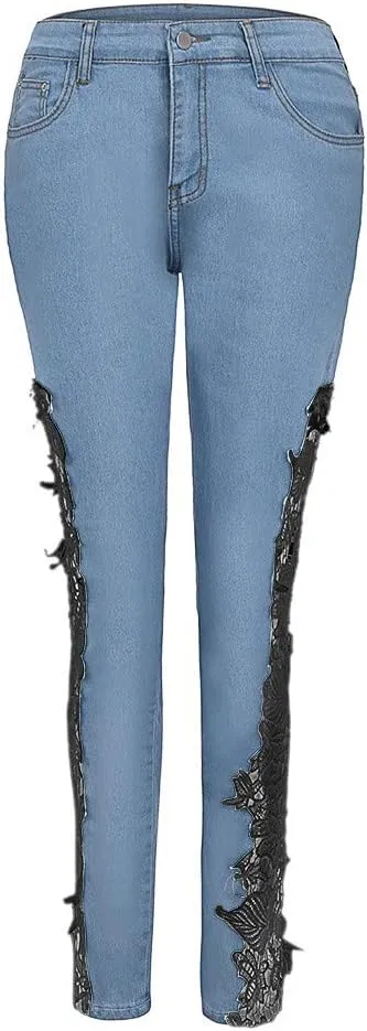 Jeans for Women High Wiasted Straight Leg Lace Patchwork Demin Pants with Pockets Trendy Jean Pant Street Trousers