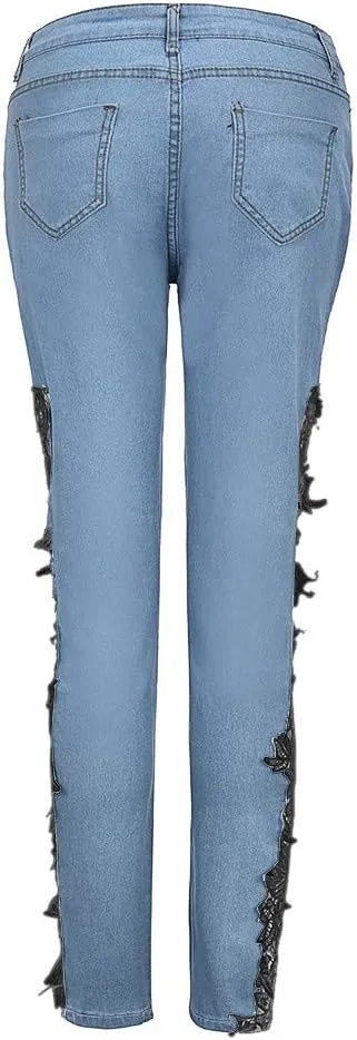 Jeans for Women High Wiasted Straight Leg Lace Patchwork Demin Pants with Pockets Trendy Jean Pant Street Trousers