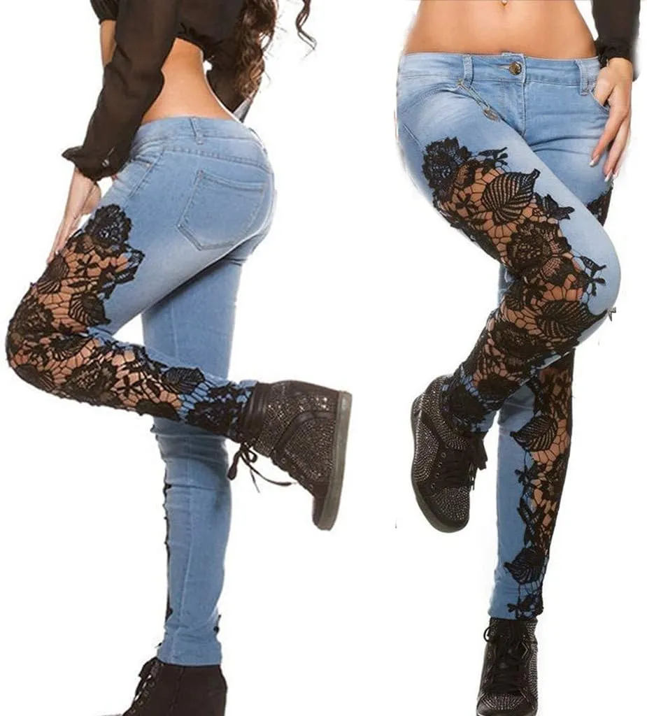 Jeans for Women High Wiasted Straight Leg Lace Patchwork Demin Pants with Pockets Trendy Jean Pant Street Trousers