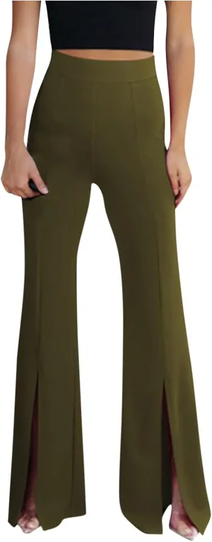 JOAU Womens Fashion Skinny Flared Leggings Front Slit Hem High Waist Bootcut Yoga Pants Casual Workout Stretch Bootleg Pants