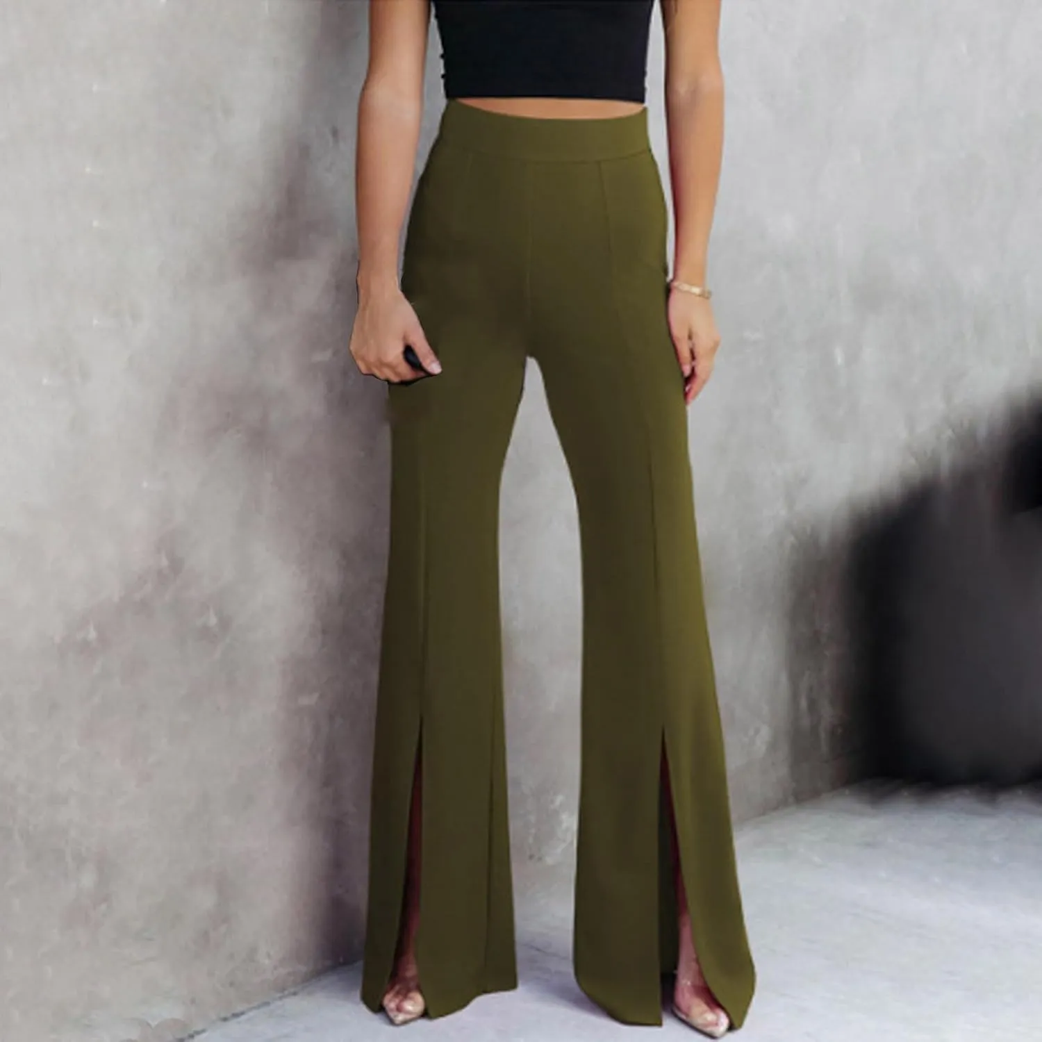 JOAU Womens Fashion Skinny Flared Leggings Front Slit Hem High Waist Bootcut Yoga Pants Casual Workout Stretch Bootleg Pants