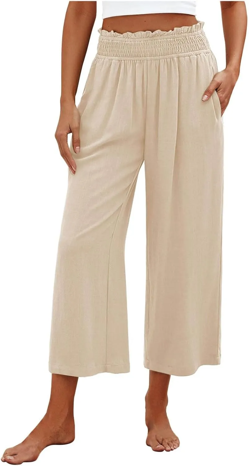 JOAU Womens Linen Pants Smocked Elastic High Waist Wide Leg Capris Pants Summer Casual Loose Beach Crop Trousers with Pockets
