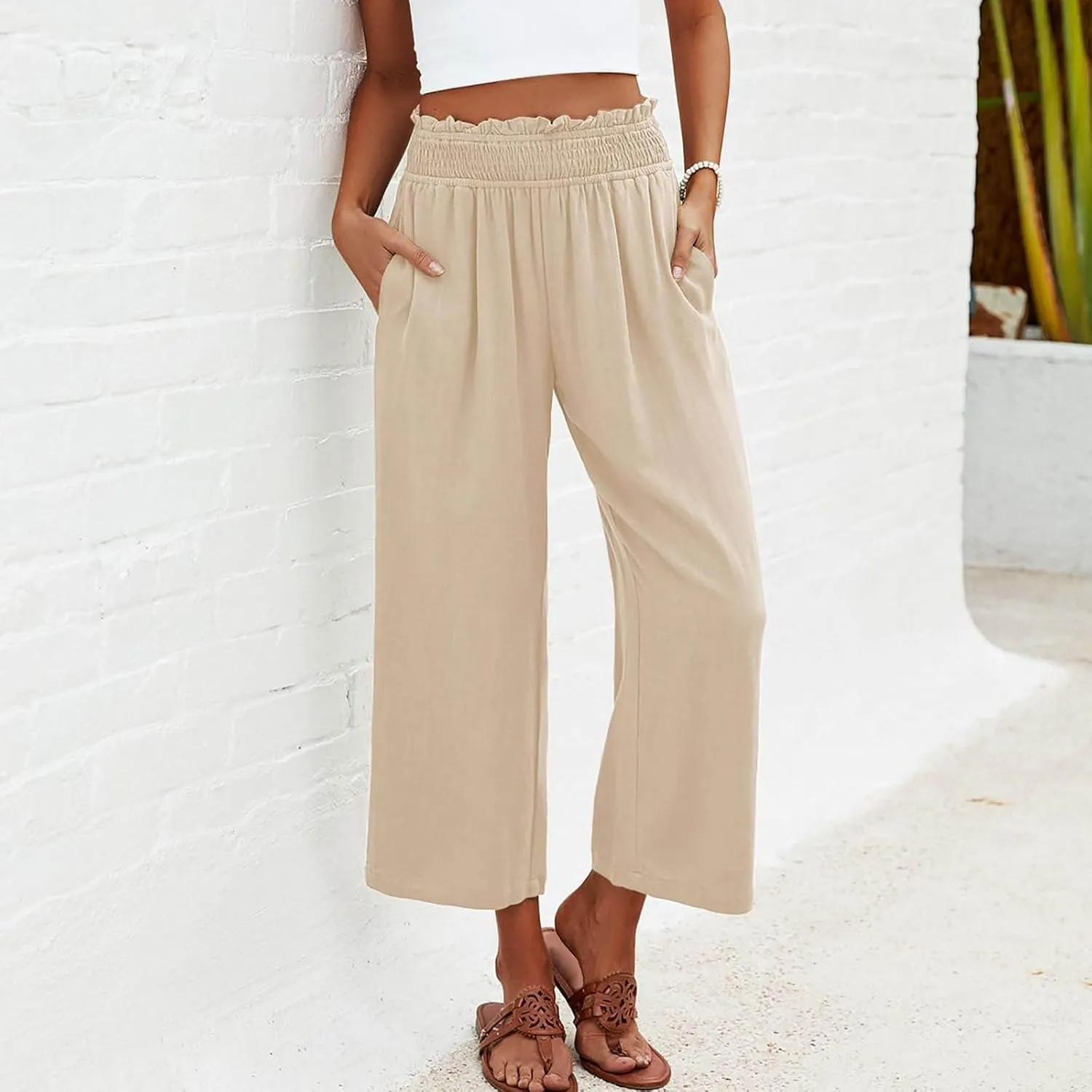 JOAU Womens Linen Pants Smocked Elastic High Waist Wide Leg Capris Pants Summer Casual Loose Beach Crop Trousers with Pockets