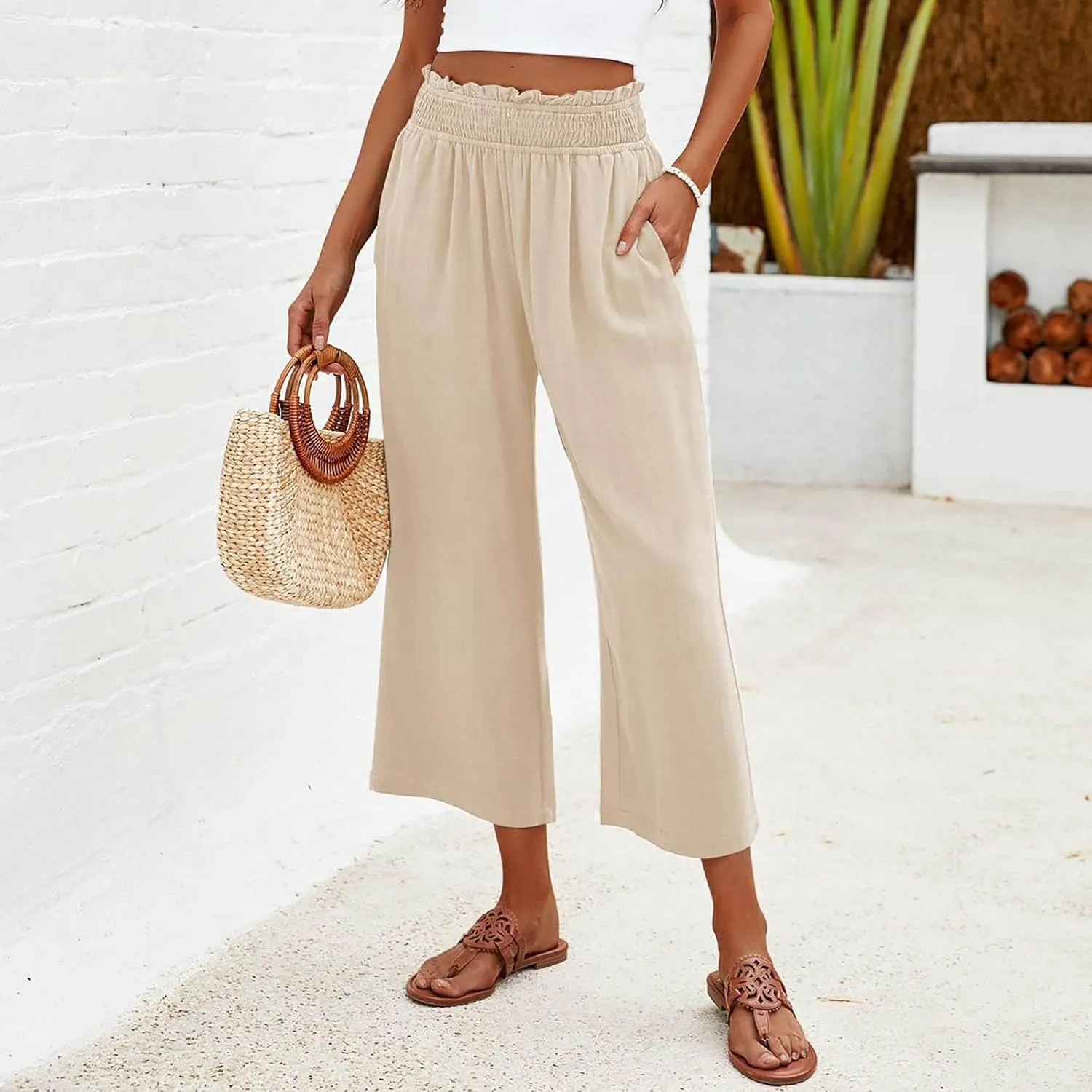 JOAU Womens Linen Pants Smocked Elastic High Waist Wide Leg Capris Pants Summer Casual Loose Beach Crop Trousers with Pockets