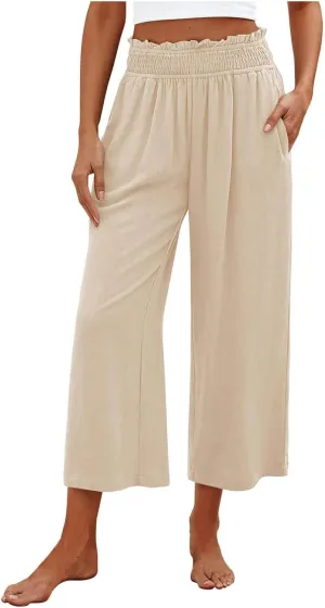 JOAU Womens Linen Pants Smocked Elastic High Waist Wide Leg Capris Pants Summer Casual Loose Beach Crop Trousers with Pockets