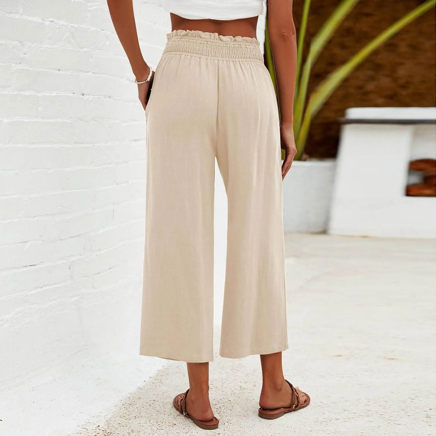 JOAU Womens Linen Pants Smocked Elastic High Waist Wide Leg Capris Pants Summer Casual Loose Beach Crop Trousers with Pockets