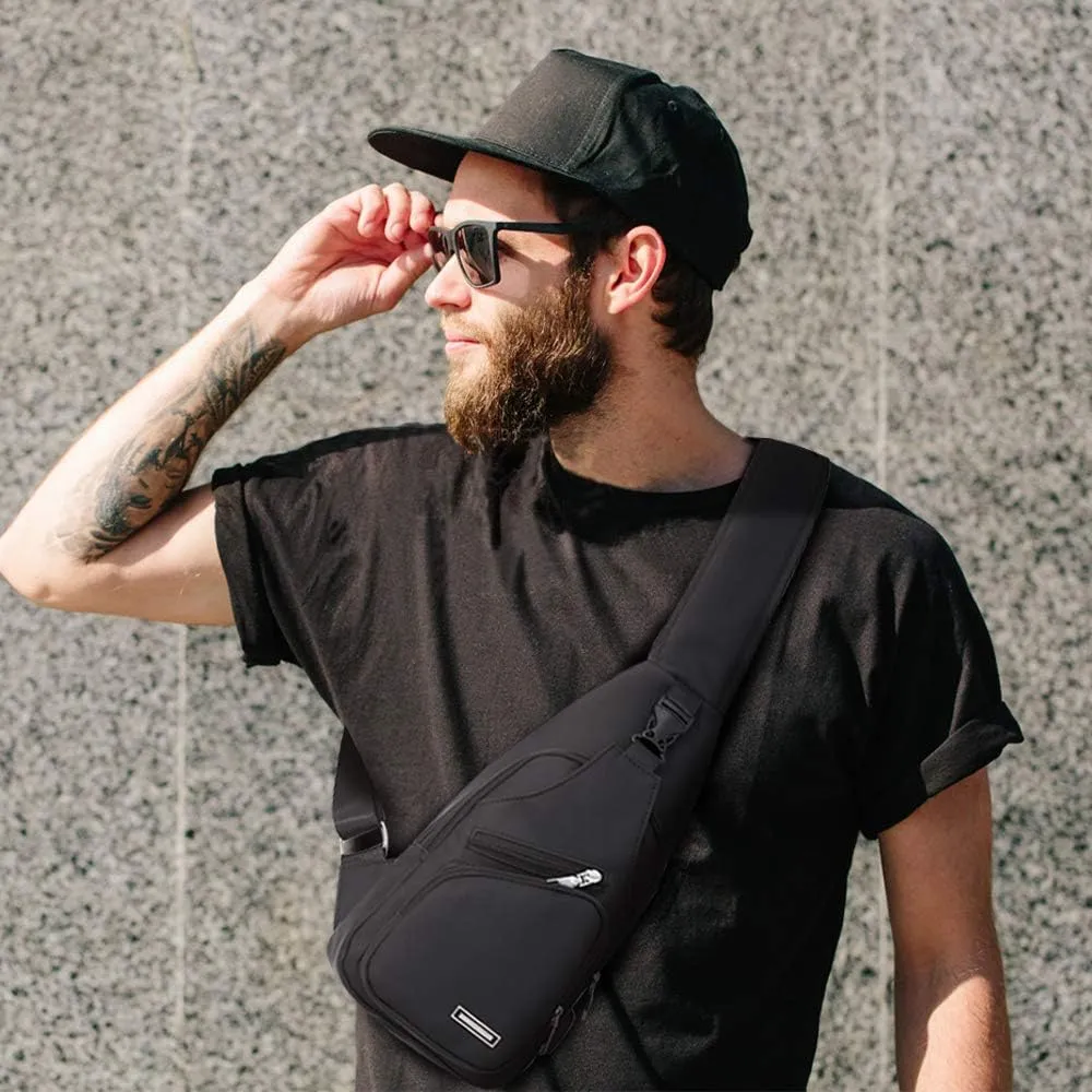 JUMO CYLY Mens Sling Bag, Leather Sling Bag with USB Charging Port Waterproof Casual Daypack Chest Crossbody Bag