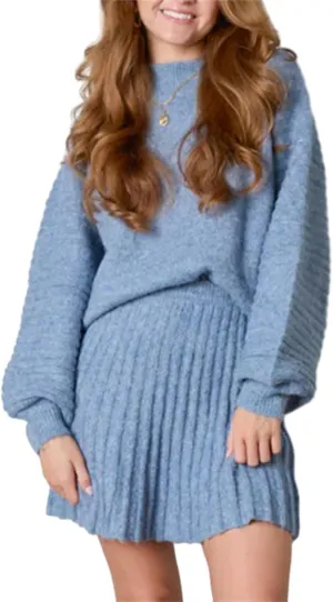 KEOMUD Women's Fall 2 Piece Sweater Sets Long Puff Sleeve Pullover Tops & Short Knit Pleated Skirts