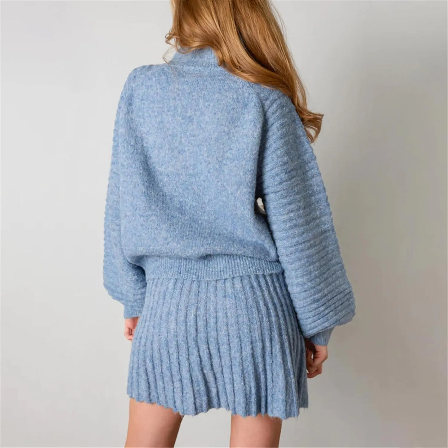 KEOMUD Women's Fall 2 Piece Sweater Sets Long Puff Sleeve Pullover Tops & Short Knit Pleated Skirts