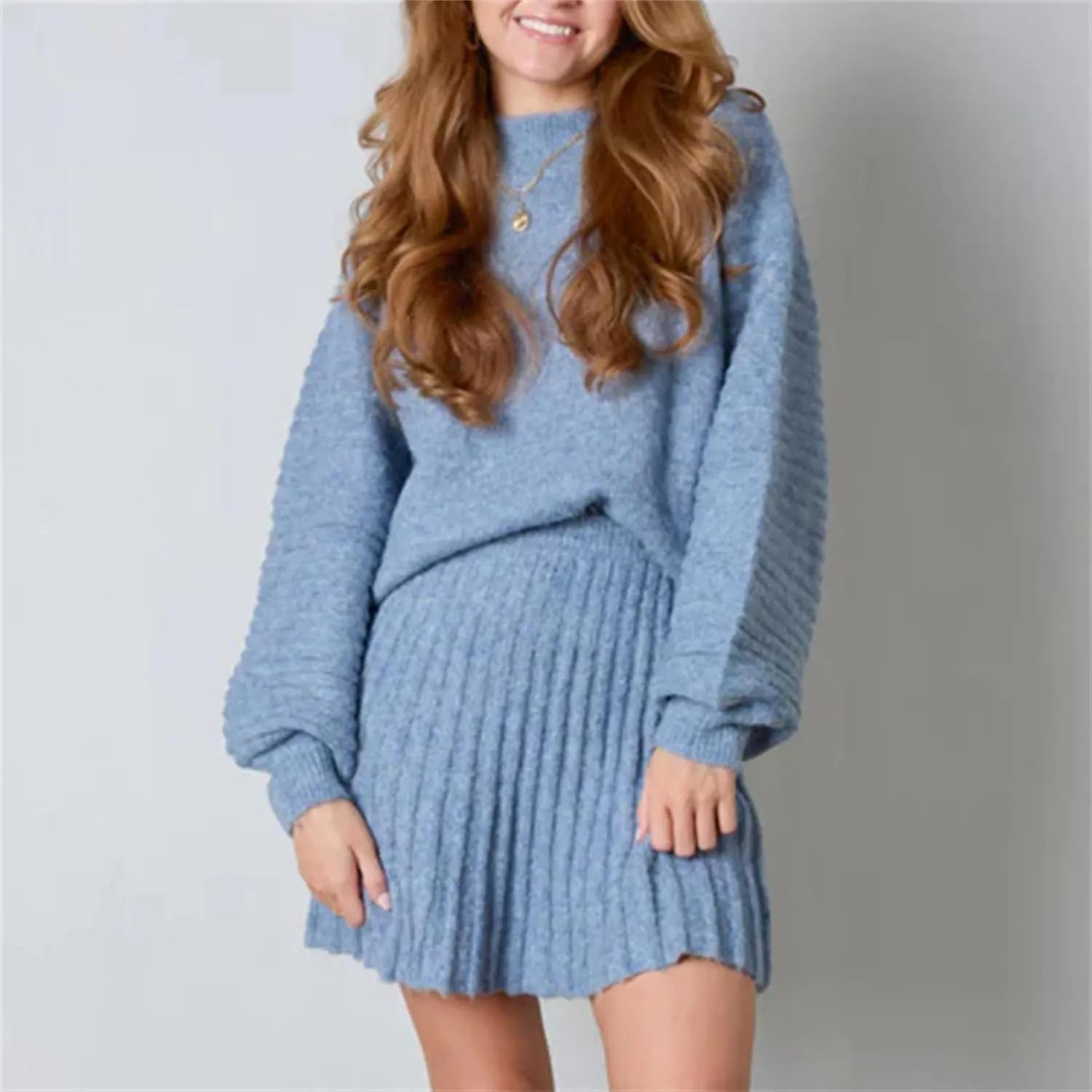 KEOMUD Women's Fall 2 Piece Sweater Sets Long Puff Sleeve Pullover Tops & Short Knit Pleated Skirts