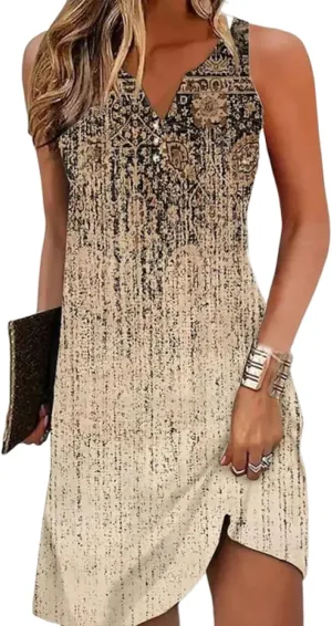 Khaki Print Sleeveless Summer Straps Dress for Women Sundress Casual Beach Mini Dresses