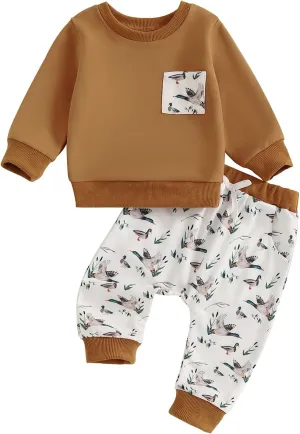 KMBANGI Toddler Baby Boy Hunting Outfit Mallard Duck Long Sleeve Sweatshirt Casual Jogger Pants 2Pcs Baby Fall Winter Clothes