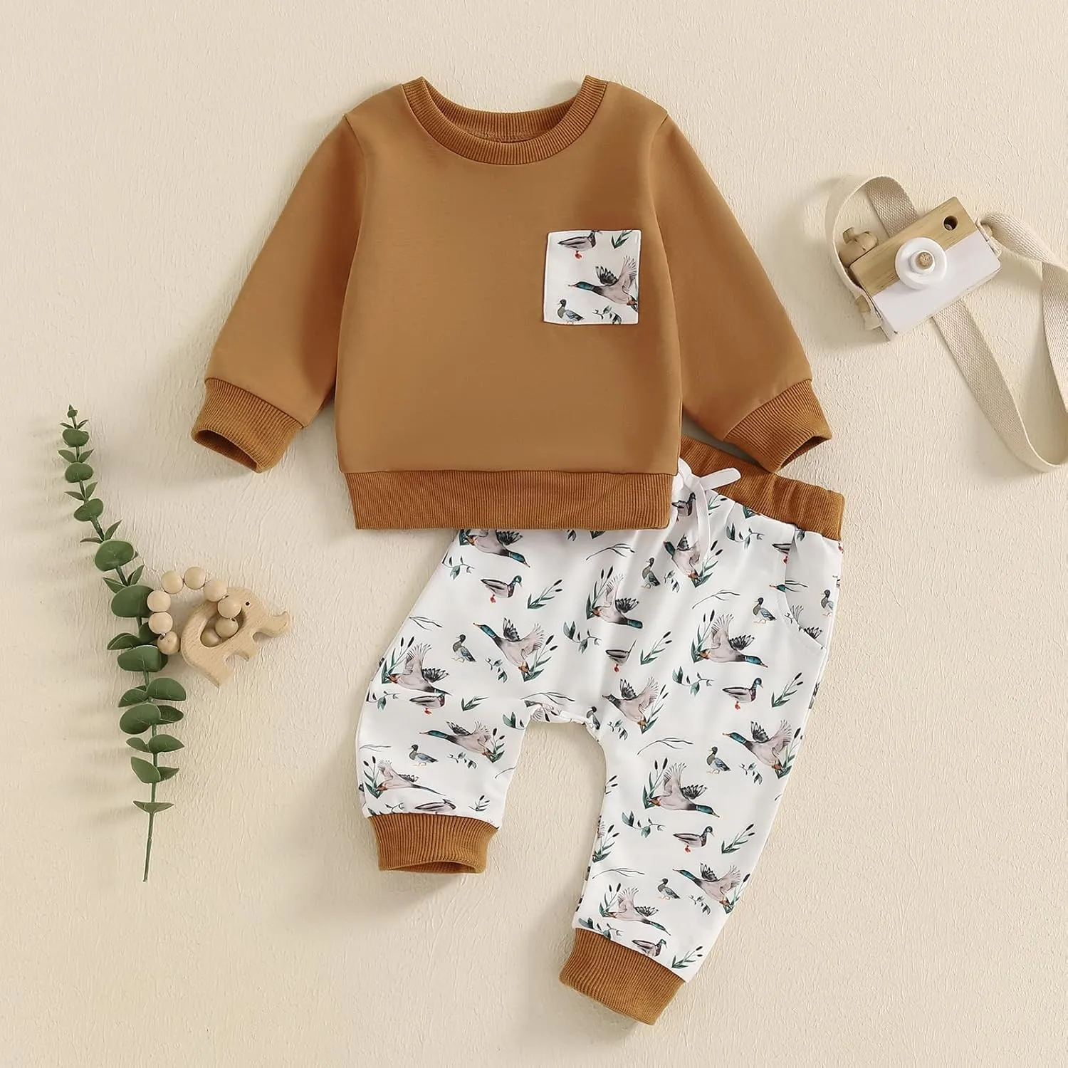 KMBANGI Toddler Baby Boy Hunting Outfit Mallard Duck Long Sleeve Sweatshirt Casual Jogger Pants 2Pcs Baby Fall Winter Clothes