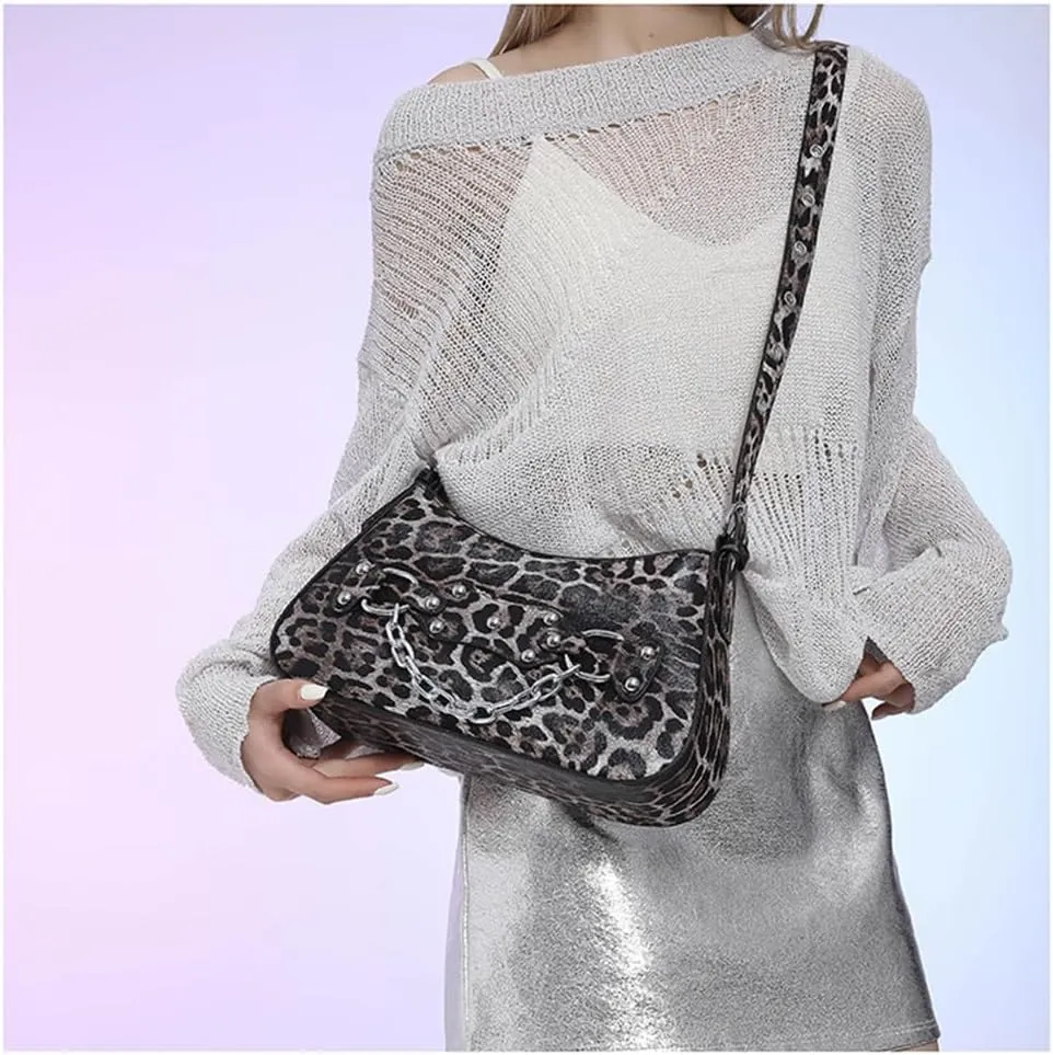 Leopard Hobo Shoulder Crossbody Bag Cheetah Print Crescent Tote Bag with Thick Chain Leopard Print Handbag and Purse