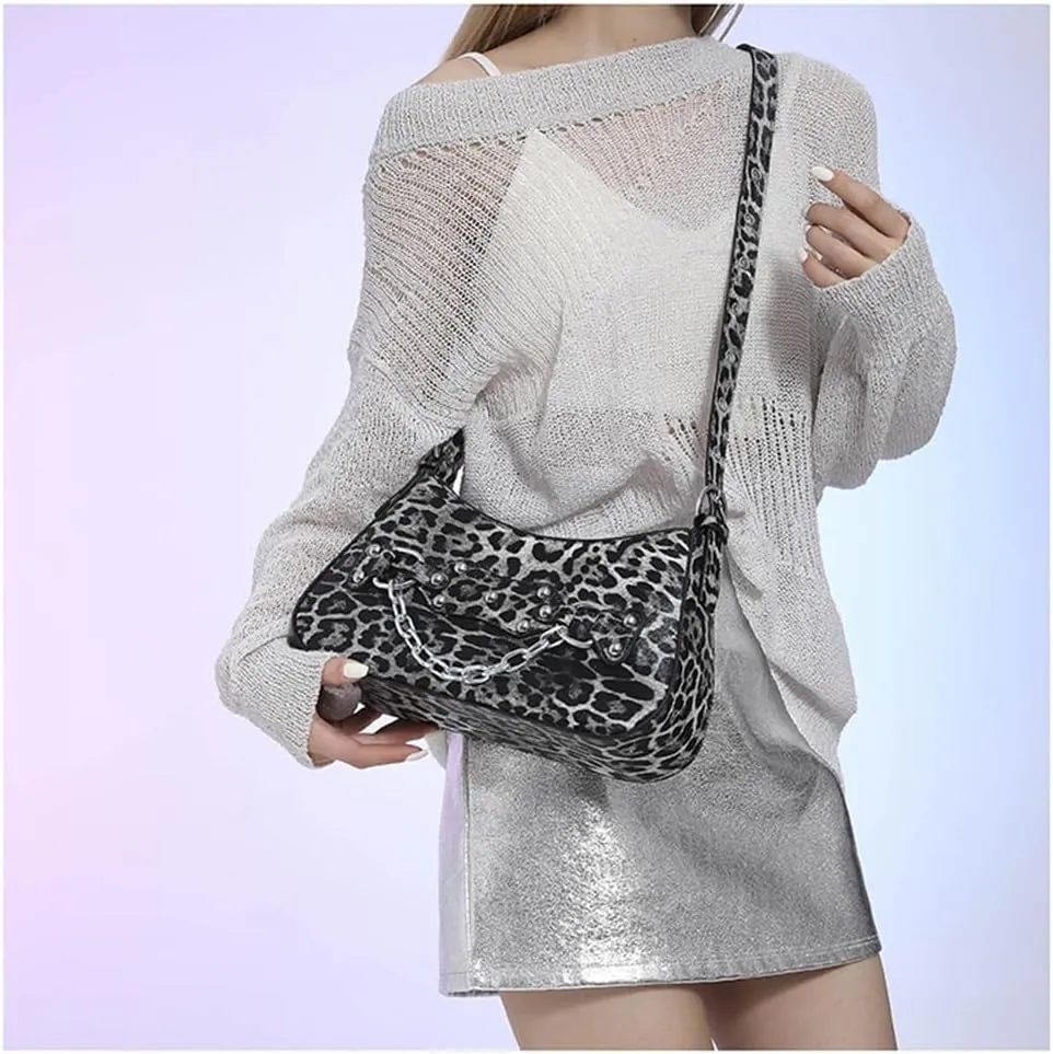 Leopard Hobo Shoulder Crossbody Bag Cheetah Print Crescent Tote Bag with Thick Chain Leopard Print Handbag and Purse