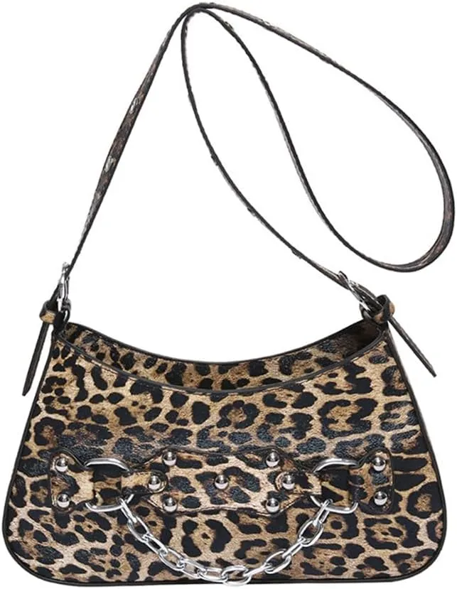 Leopard Hobo Shoulder Crossbody Bag Cheetah Print Crescent Tote Bag with Thick Chain Leopard Print Handbag and Purse