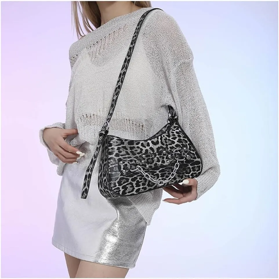Leopard Hobo Shoulder Crossbody Bag Cheetah Print Crescent Tote Bag with Thick Chain Leopard Print Handbag and Purse